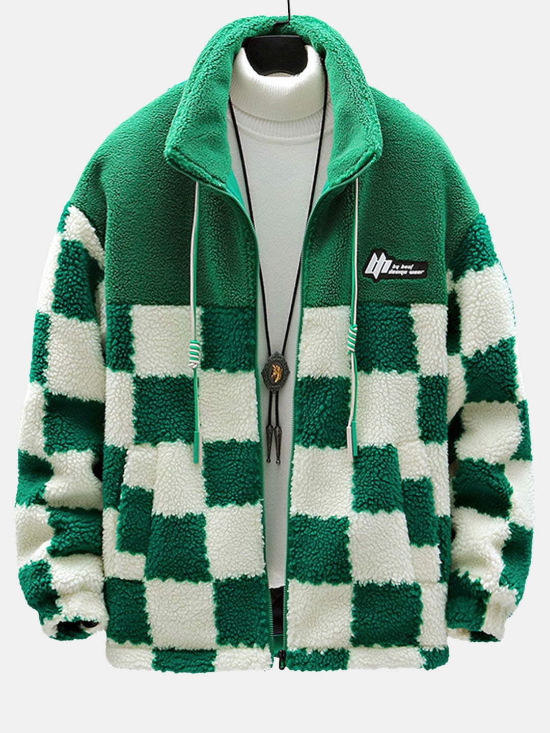 Teddy Fleece Checkerboard Stand Collar Jacket