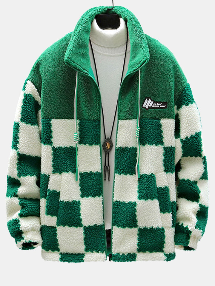 Teddy Fleece Checkerboard Stand Collar Jacket