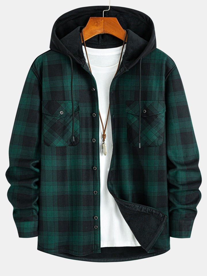 Flannel Fleece Lined Hooded Shirt With Pockets