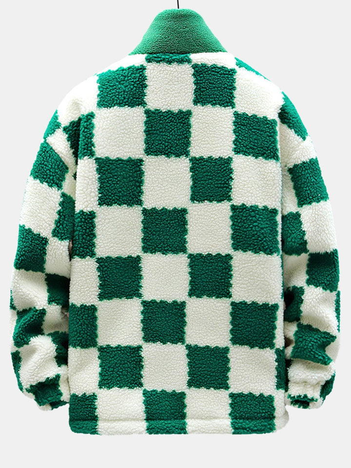 Teddy Fleece Checkerboard Stand Collar Jacket