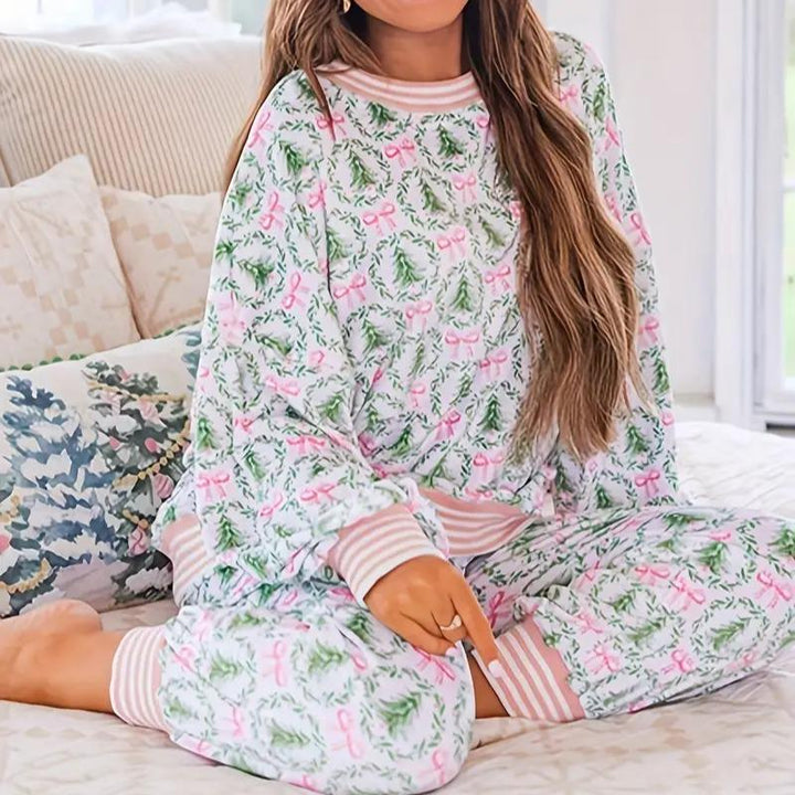 AUBREY™ - Cozy Christmas Bow Print Loungewear Set