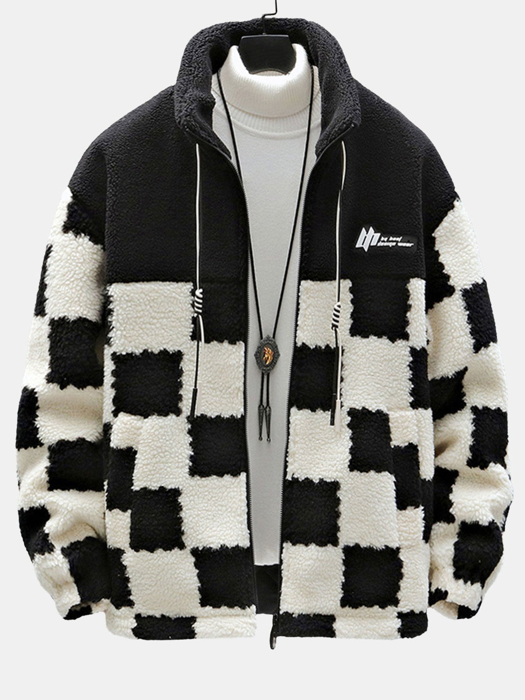 Teddy Fleece Checkerboard Stand Collar Jacket