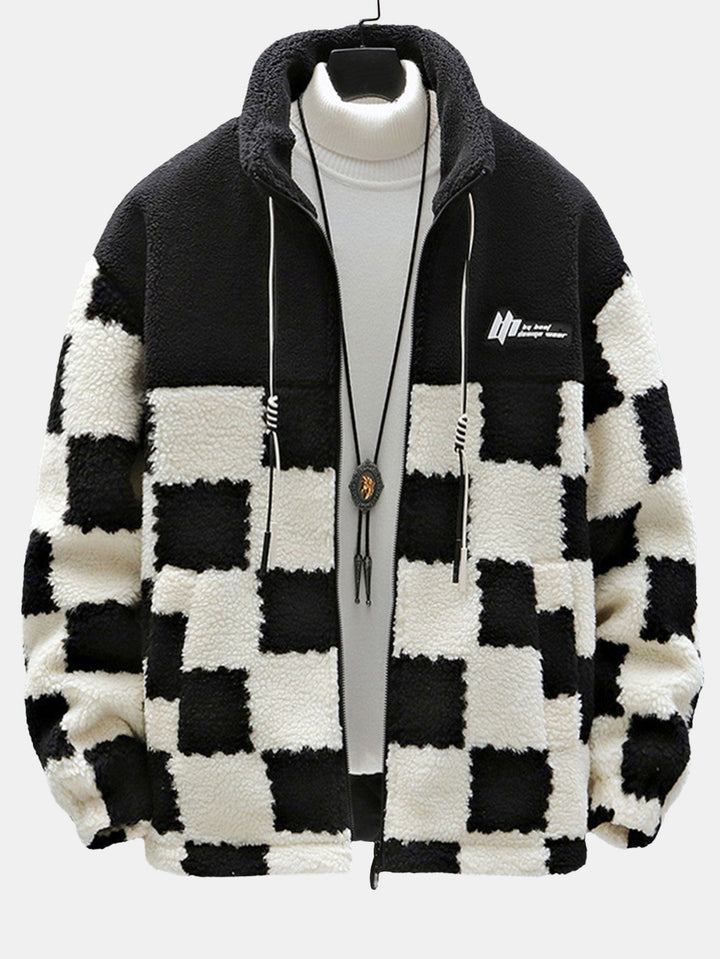 Teddy Fleece Checkerboard Stand Collar Jacket