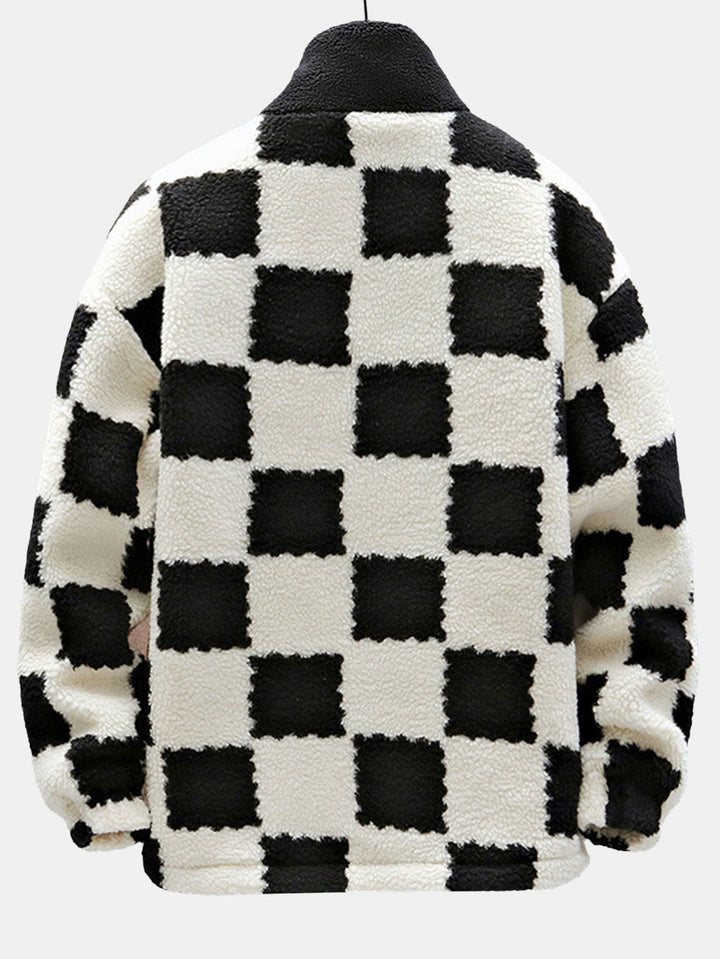 Teddy Fleece Checkerboard Stand Collar Jacket